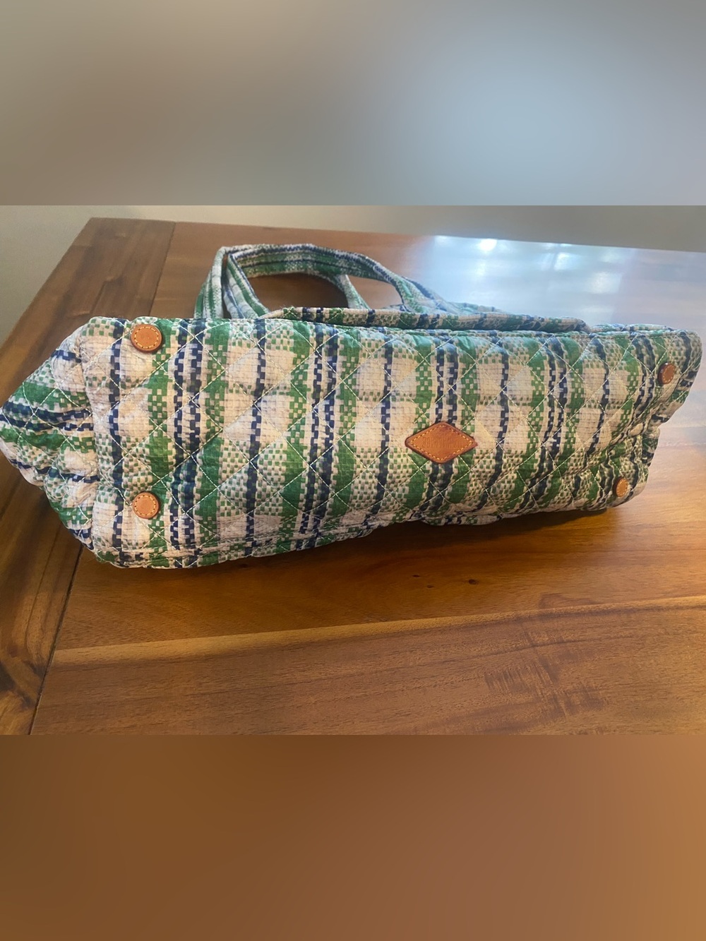 MZ Wallace Spring Plaid Gren Blue Quilted Nik Duffel Travel Bag - Picture 8 of 14